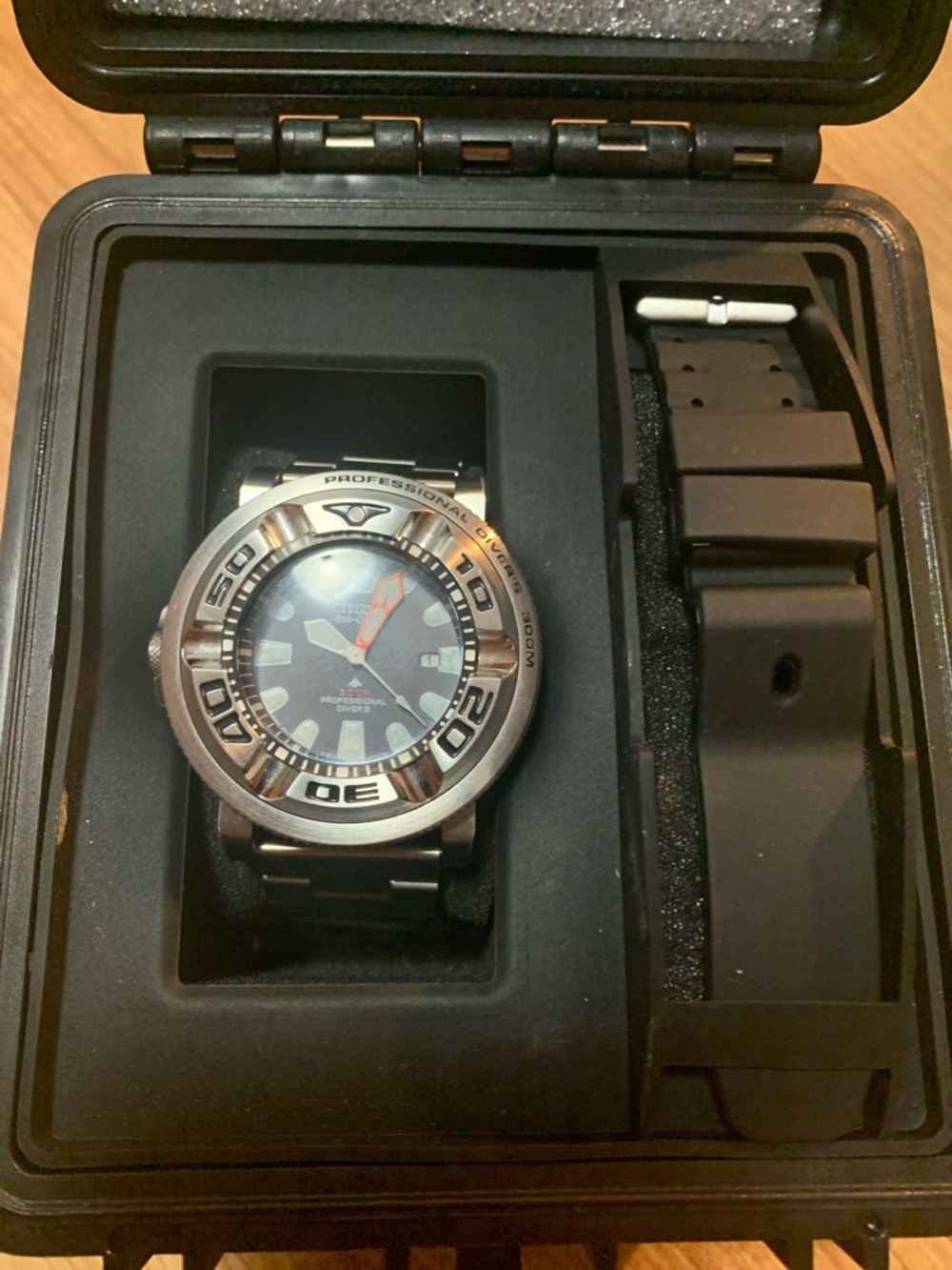 Citizen Silver Case Black Dial Men’s Professional Diver Watch with Orange Accent